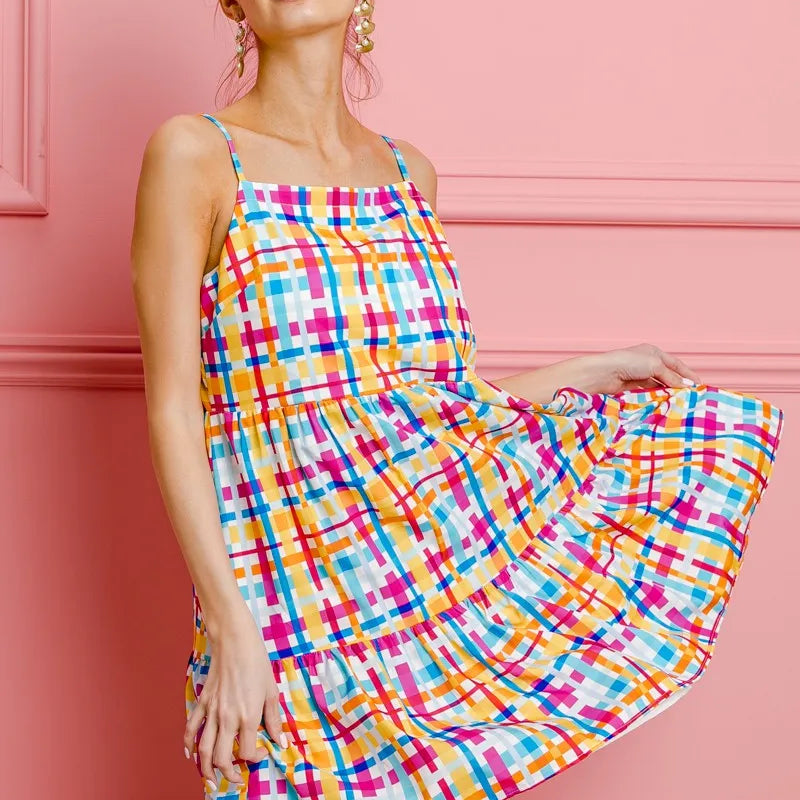 BiBi Multi Colors Plaid Sleeveless Sun Dress