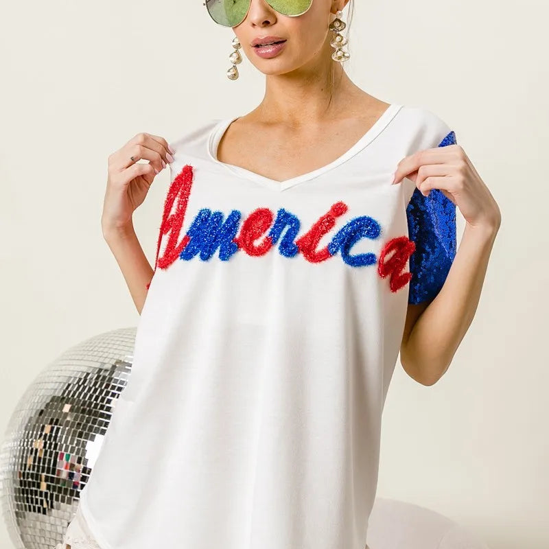 BiBi Metallic Letter V-neck Sequin Sleeves Top in Cream