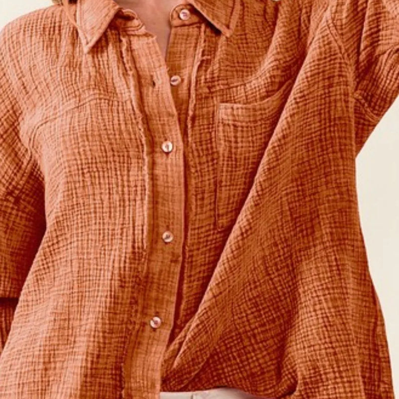BiBi Raw Edge Detailed Mineral Washed Loose Fit Shirt in Brick
