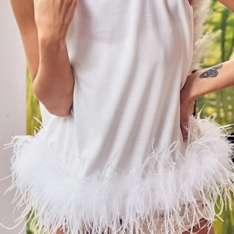 BiBi French Terry Faux Feather Bottom Back Tied Top