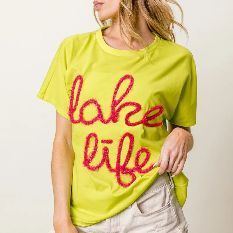 BiBi Metallic Letter Short Dolman Sleeve Top