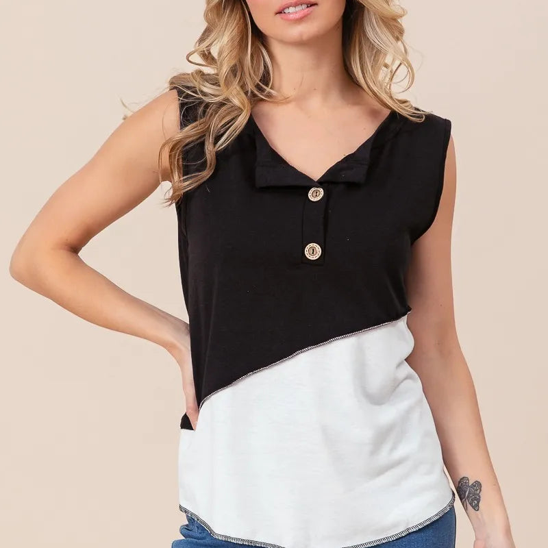 BiBi Color Block Contrast Stitching Buttoned Henley Top
