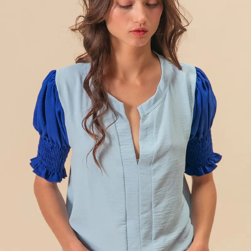 BiBi Air Flow Color Block Puff Sleeves V Neck Top