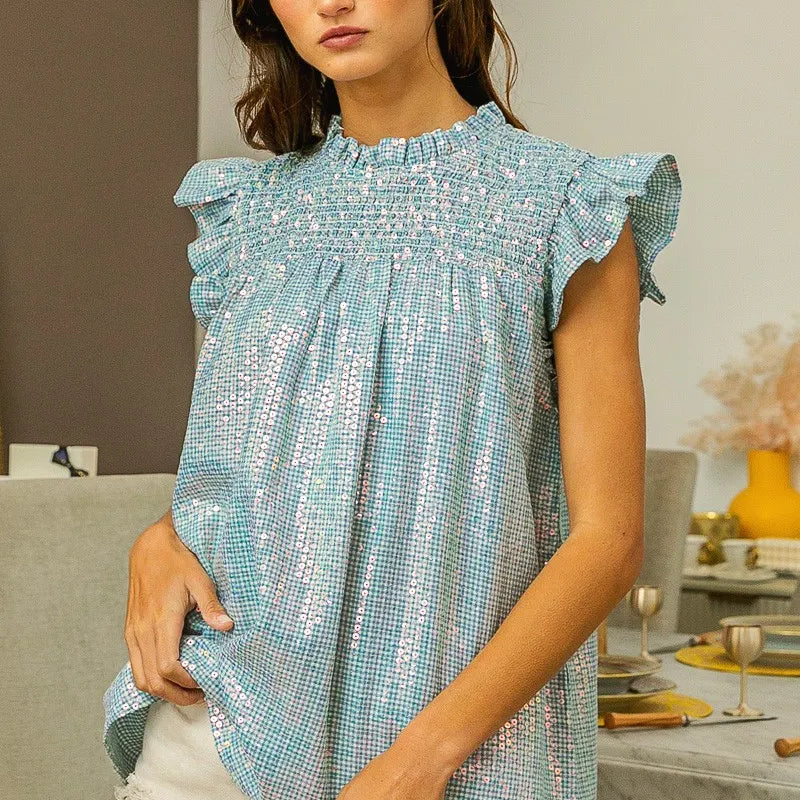 BiBi Clear Sequin All-over Gingham Smocked Top