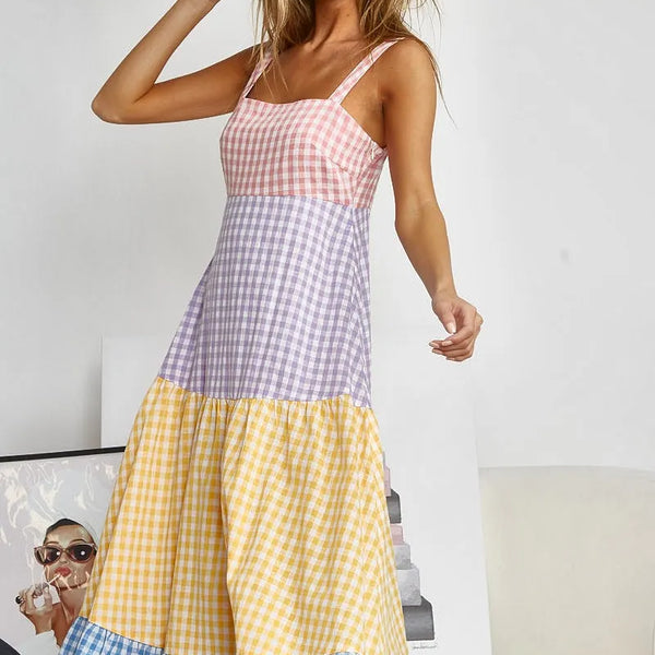 BiBi Color Block Tiered Gingham Dress