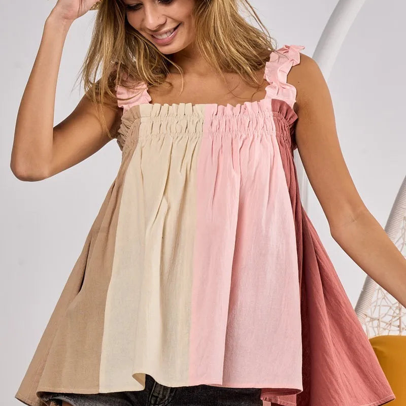 BiBi Frill Shoulder Strap Color Block Bodice Top