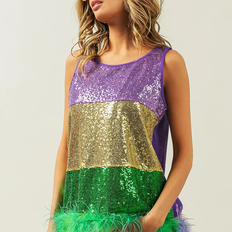 BiBi Mardi Gras Color Block Faux Feather Hem Sequin Top