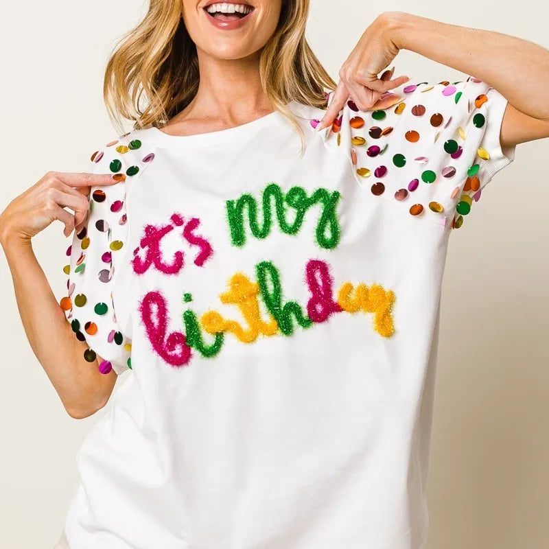 BiBi Metallic Letter Spangle Raglan Puff Sleeve Top