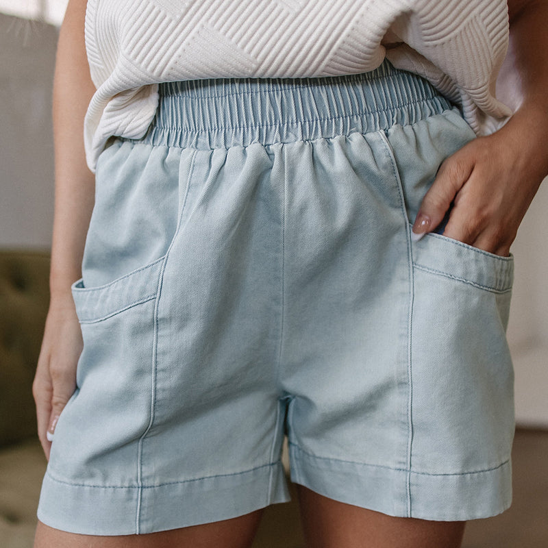 Bianca Light Wash Pocketed Wide Leg Shorts
