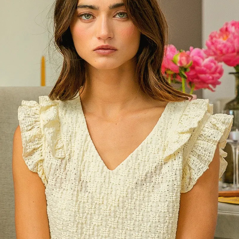BiBi Floral Ruffled Armhole V-Neck Top