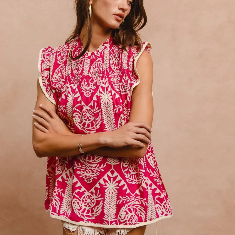 BiBi Printed Ruffle Sleeve Top
