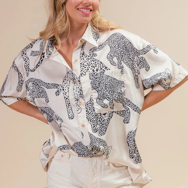 BiBi Leopard Print Short Sleeve Silky Satin Shirt Top