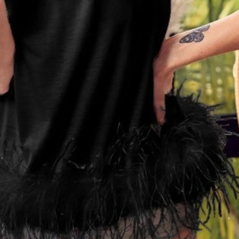 BiBi French Terry Faux Feather Bottom Back Tied Top