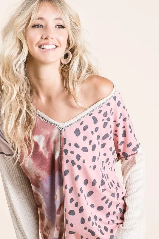 BiBi Print Block V Neck Top with Contrast Stitching