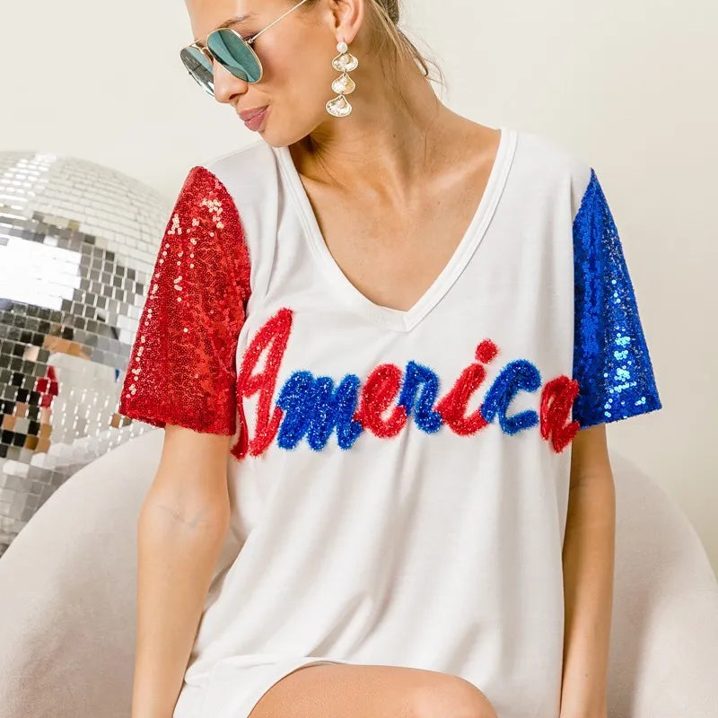 BiBi Metallic Letter V-neck Sequin Sleeves Top in Cream