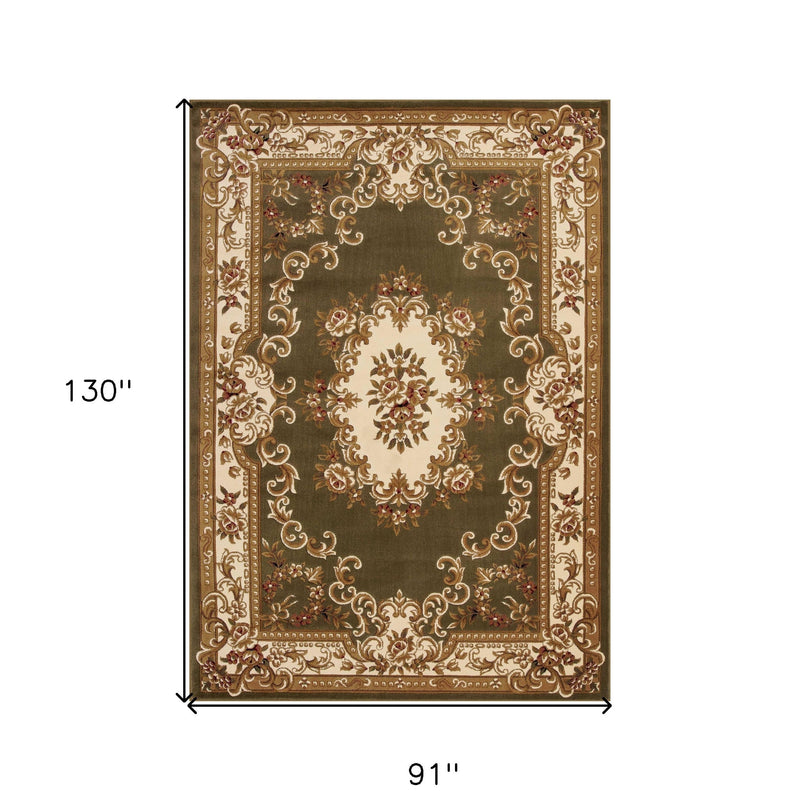 10' X 13' Green Ivory Machine Woven Hand Carved Floral Medallion Indoor Area Rug
