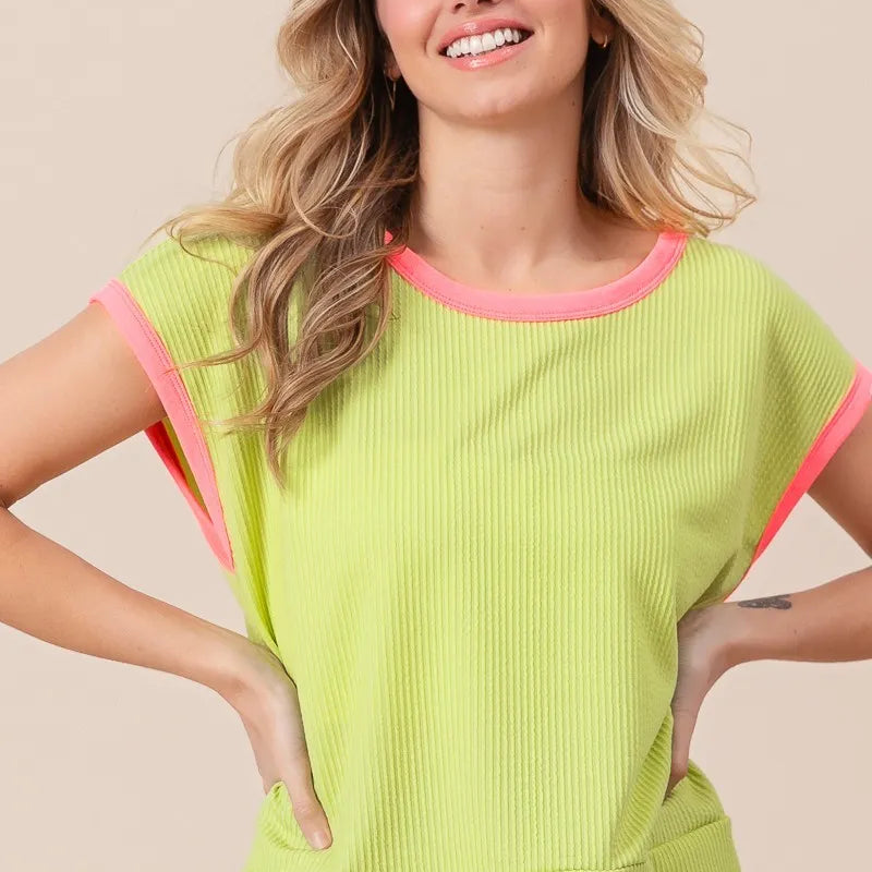 BiBi Cord Rib Knit Contrast Banded Top