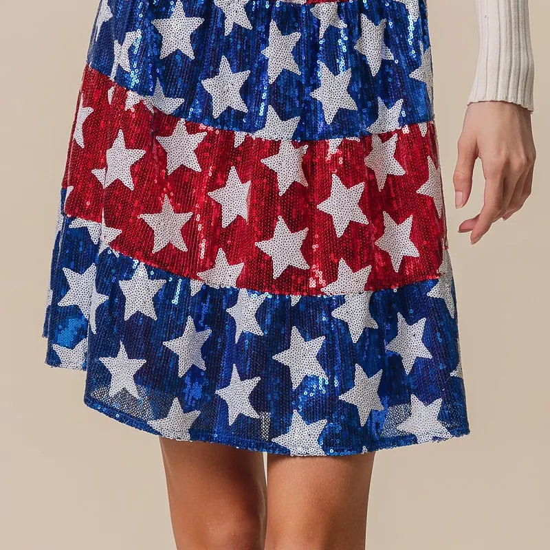 BiBi American Flag Theme Star Sequin Tiered Skirt