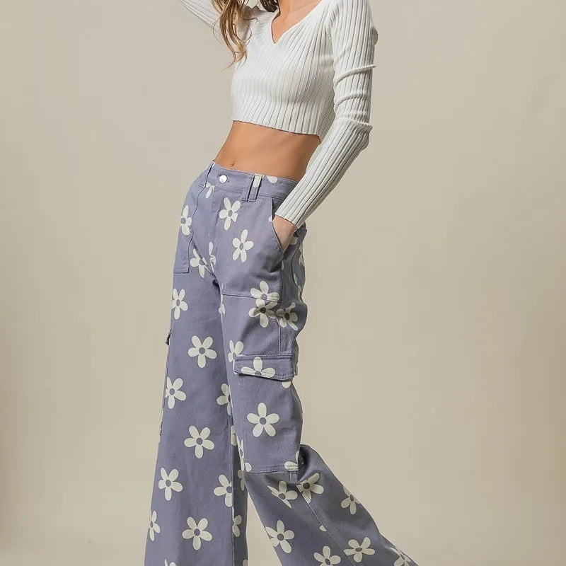BiBi Flower Printed Side Pocket Wide Pants