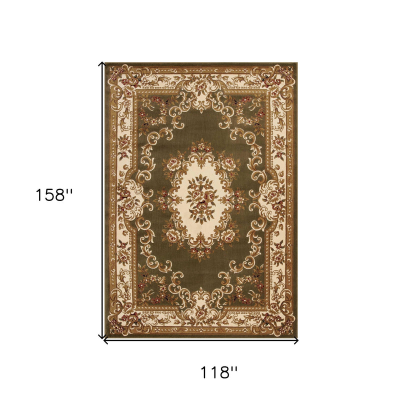 10' X 13' Green Ivory Machine Woven Hand Carved Floral Medallion Indoor Area Rug