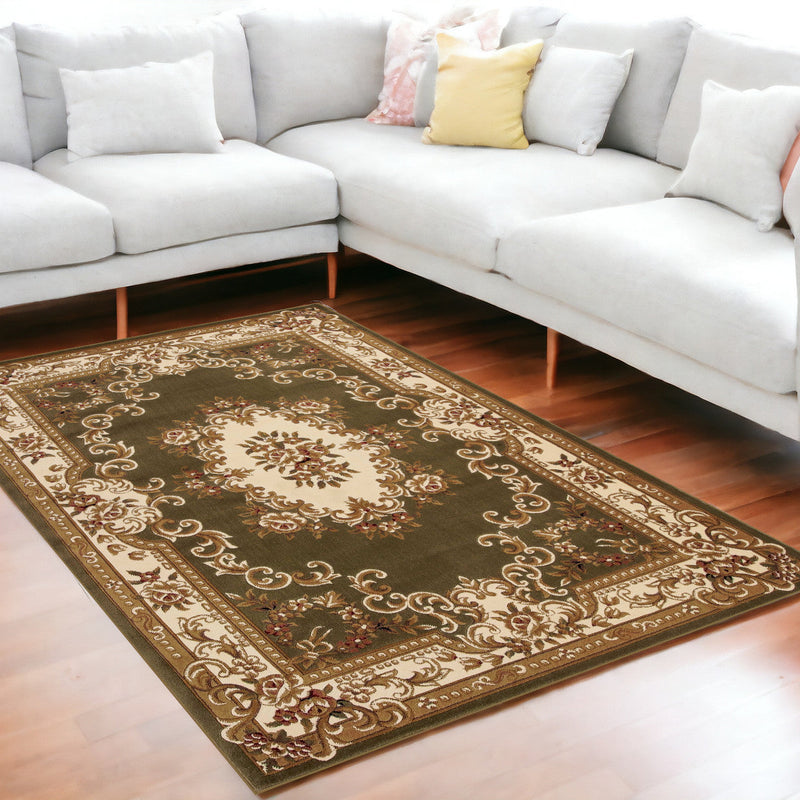 10' X 13' Green Ivory Machine Woven Hand Carved Floral Medallion Indoor Area Rug