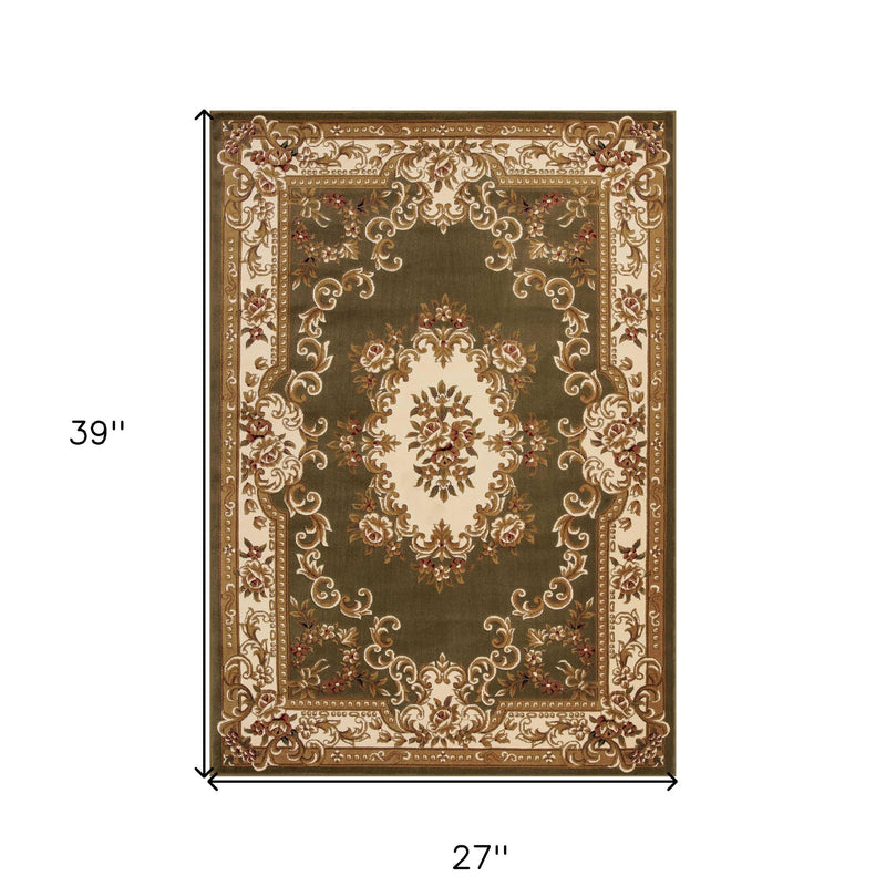 10' X 13' Green Ivory Machine Woven Hand Carved Floral Medallion Indoor Area Rug