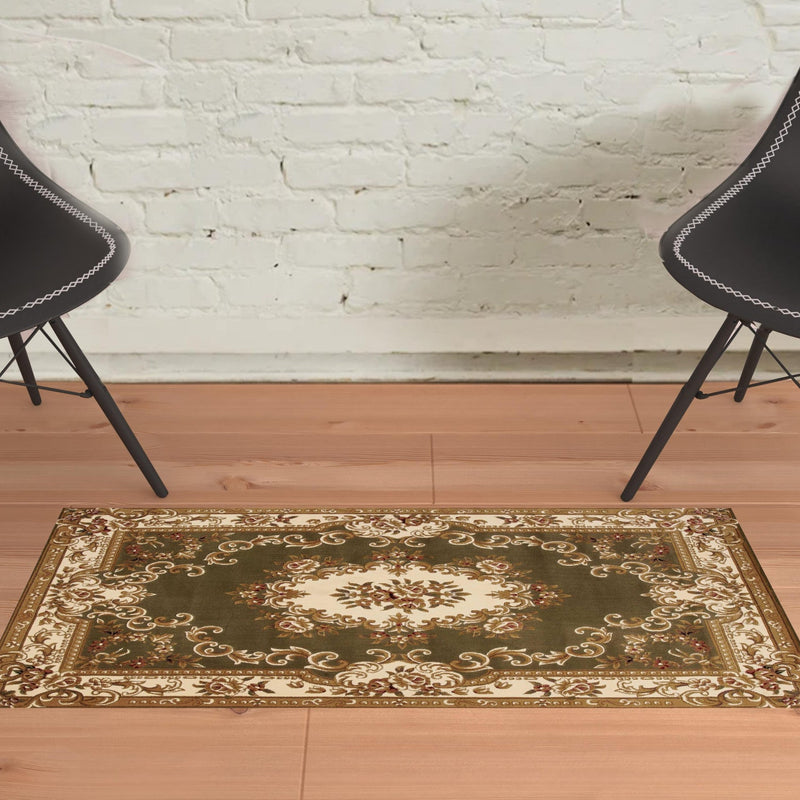 10' X 13' Green Ivory Machine Woven Hand Carved Floral Medallion Indoor Area Rug