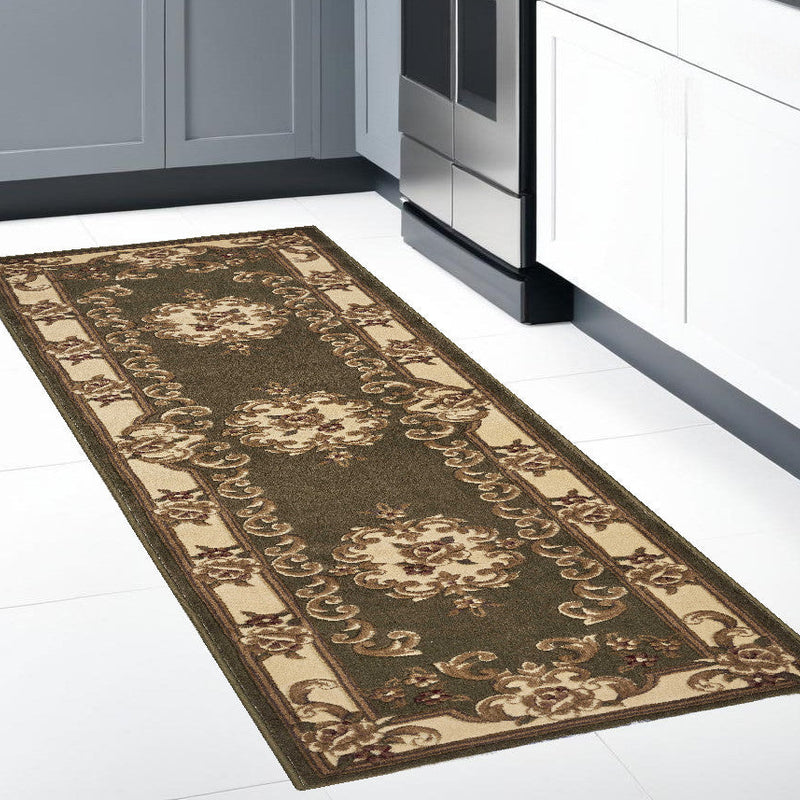 10' X 13' Green Ivory Machine Woven Hand Carved Floral Medallion Indoor Area Rug