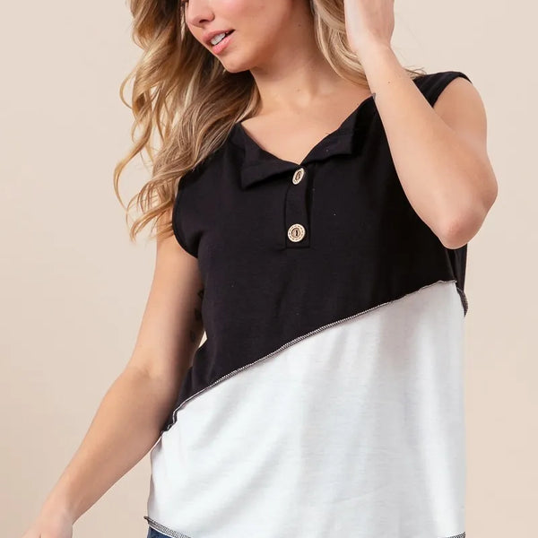 BiBi Color Block Contrast Stitching Buttoned Henley Top
