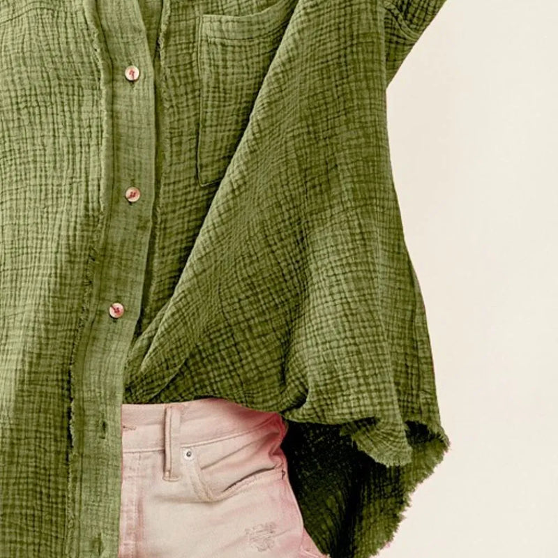 BiBi Raw Edge Detailed Mineral Washed Loose Fit Shirt in Olive