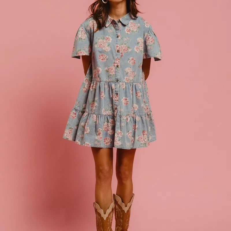 BiBi Floral Print Washed Lightweight Tiered Shirt Dress