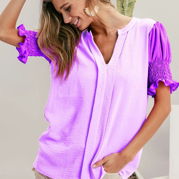 BiBi Air Flow Color Block Puff Sleeves V Neck Top