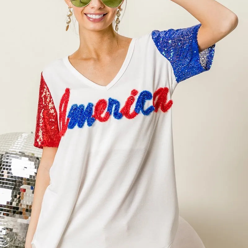 BiBi Metallic Letter V-neck Sequin Sleeves Top