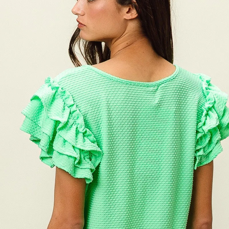 BiBi Birdseye Texture Layered Ruffle Top in Sage