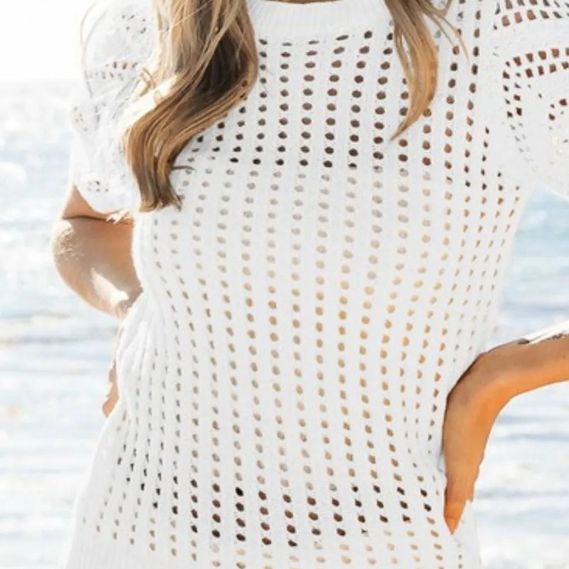 BiBi Crochet Knit Cover Up With Puff Sleeves