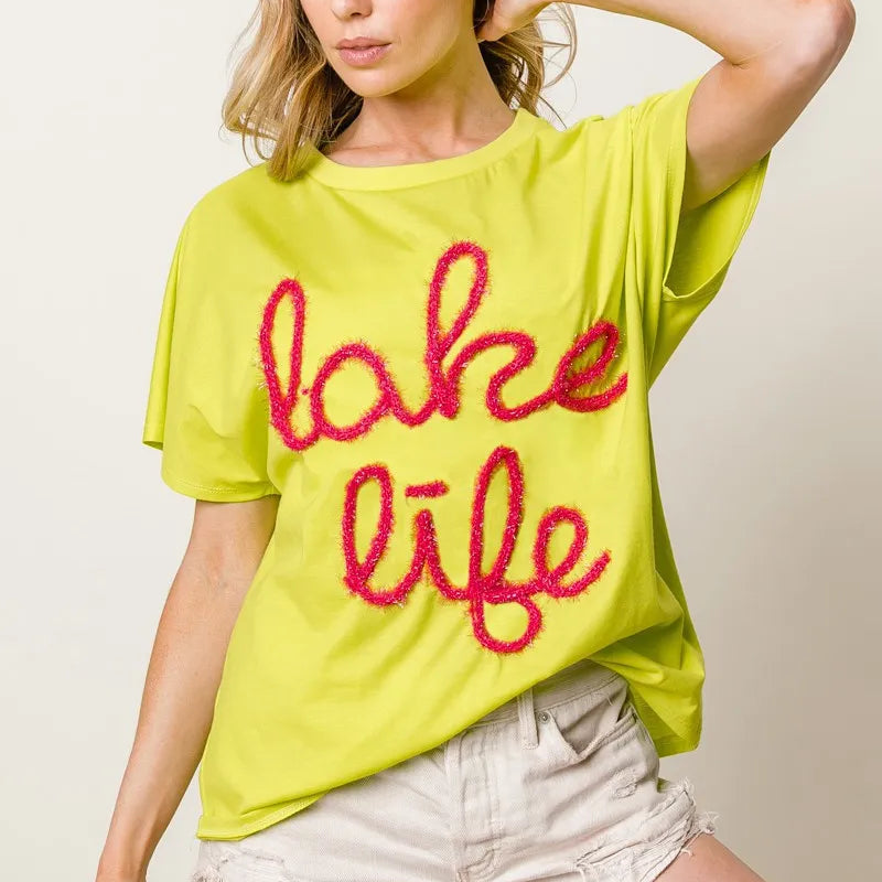 BiBi Metallic Letter Short Dolman Sleeve Top