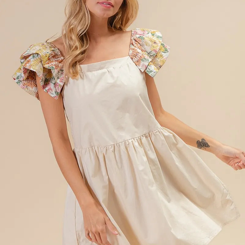 BiBi Flower Embroidered Floral Print Sleeve Dress