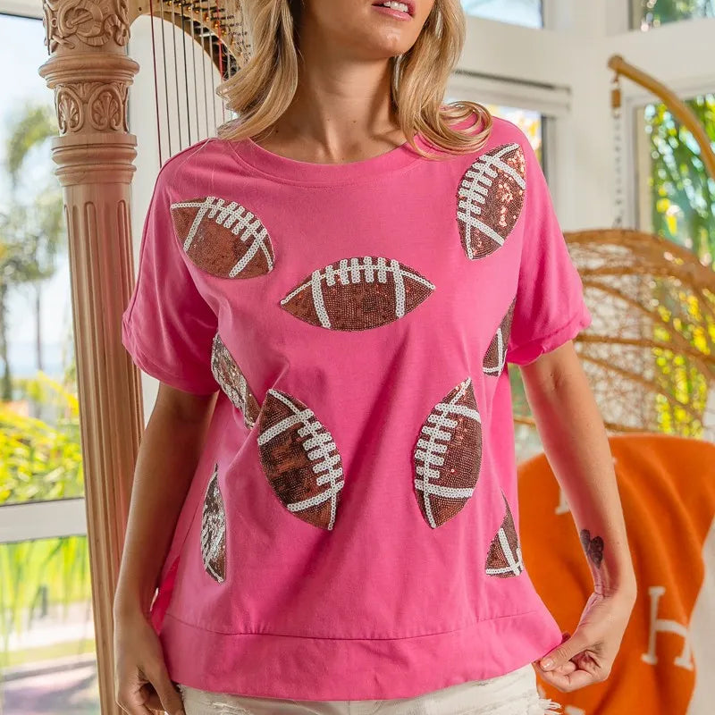 BiBi Game Day Sequins Patched Half Sleeves Top