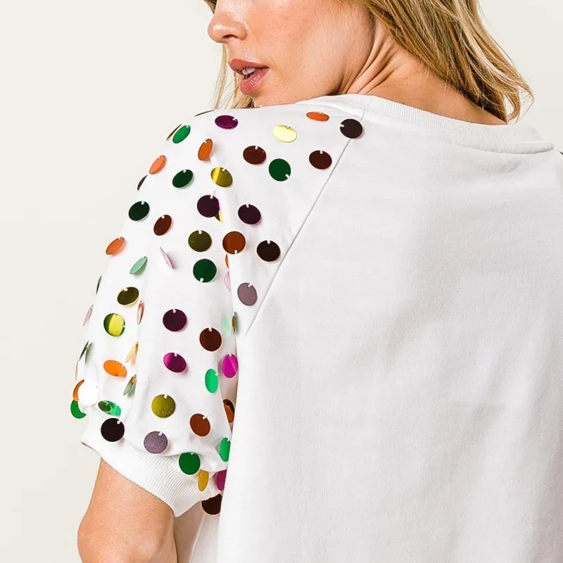 BiBi Metallic Letter Spangle Raglan Puff Sleeve Top