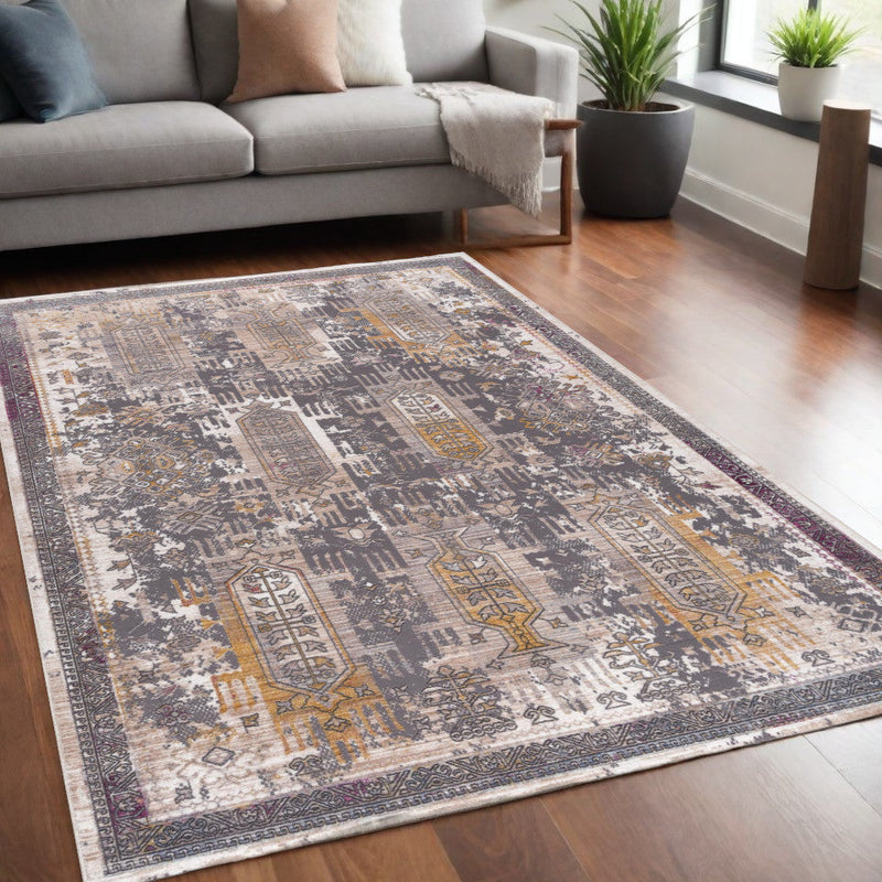 10' Runner Gray and Ivory Oriental Power Loom Runner Rug