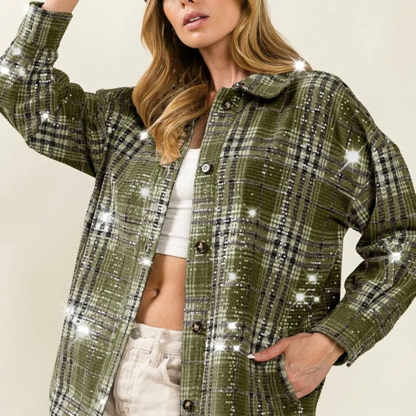 BiBi Allover Clear Sequins Vintage Plaid Jacket