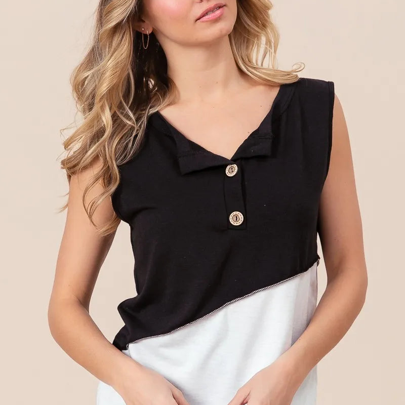 BiBi Color Block Contrast Stitching Buttoned Henley Top
