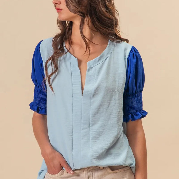 BiBi Air Flow Color Block Puff Sleeves V Neck Top