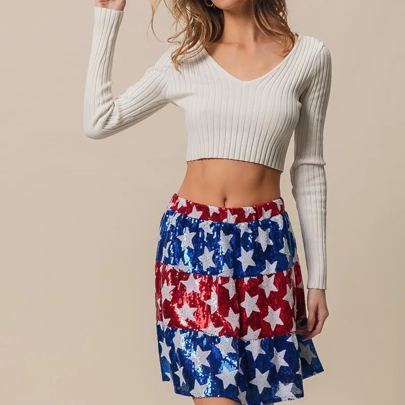 BiBi American Flag Theme Star Sequin Tiered Skirt