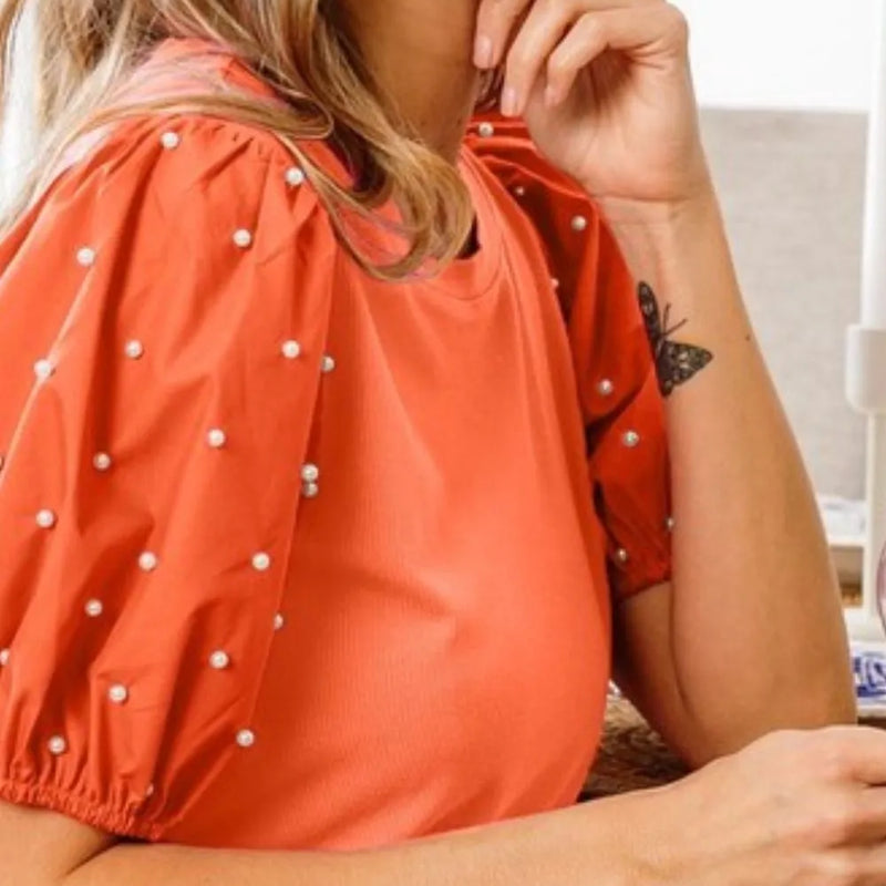 BiBi Pearl Beaded Short Puff Sleeve Top in Orange