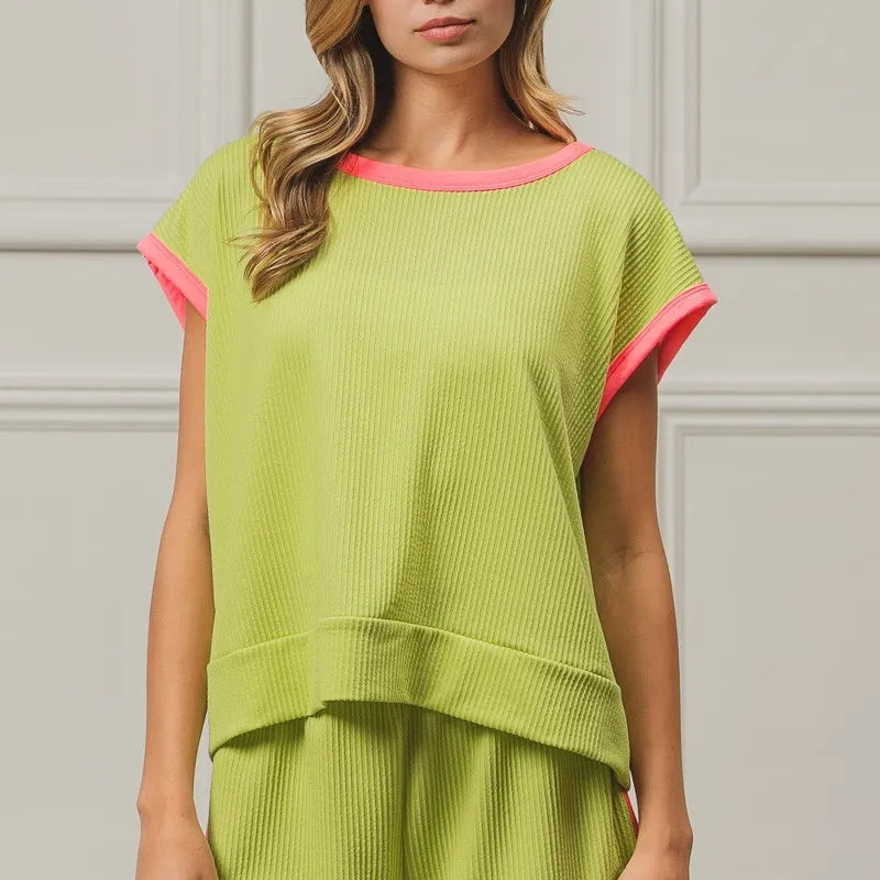BiBi Cord Rib Knit Contrast Banded Top