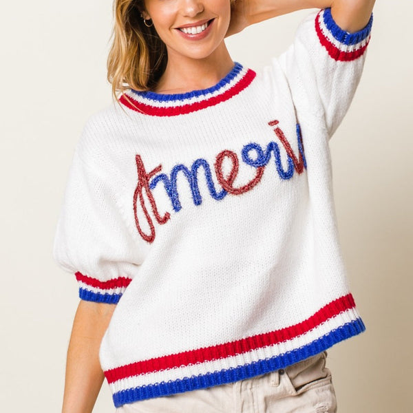 BiBi Metallic America Letter Short Sleeve Sweater