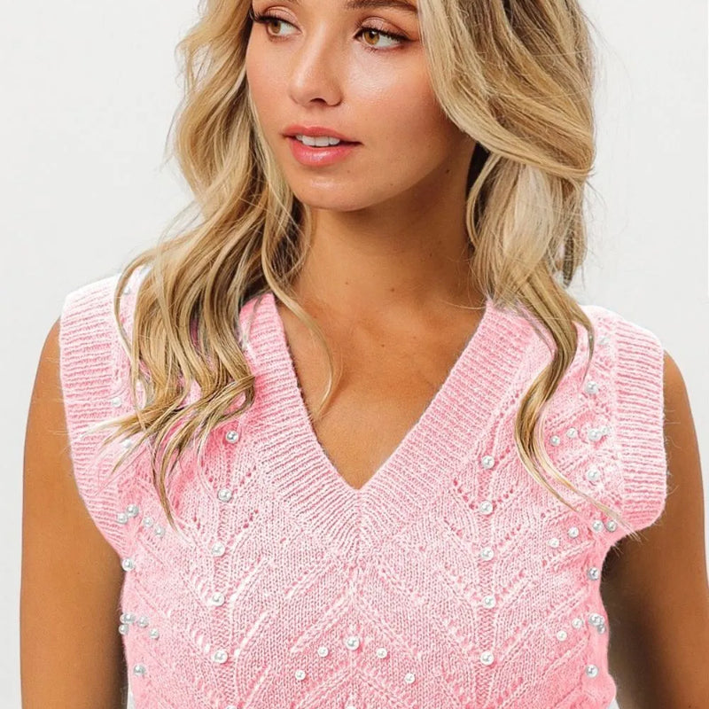 BiBi Chevron Pointelle Pearl Knit Top in Blush