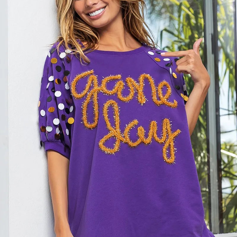 BiBi Game Day Metallic Letter Spangle Sleeve Top