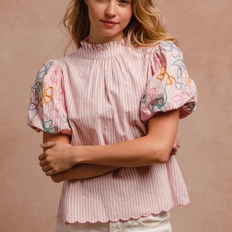 BiBi Embroidery Bubble Sleeve Top With Bottom Scallop Detail
